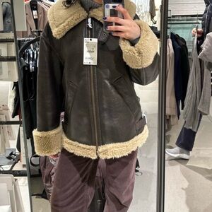 Zara Women's Brown Shearling Jacket with Cream Trim